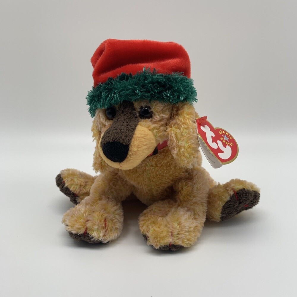 TY Beanie Baby Beanie Babies Jinglepup 6” Dog Green Trim On Hat White Tail Tip